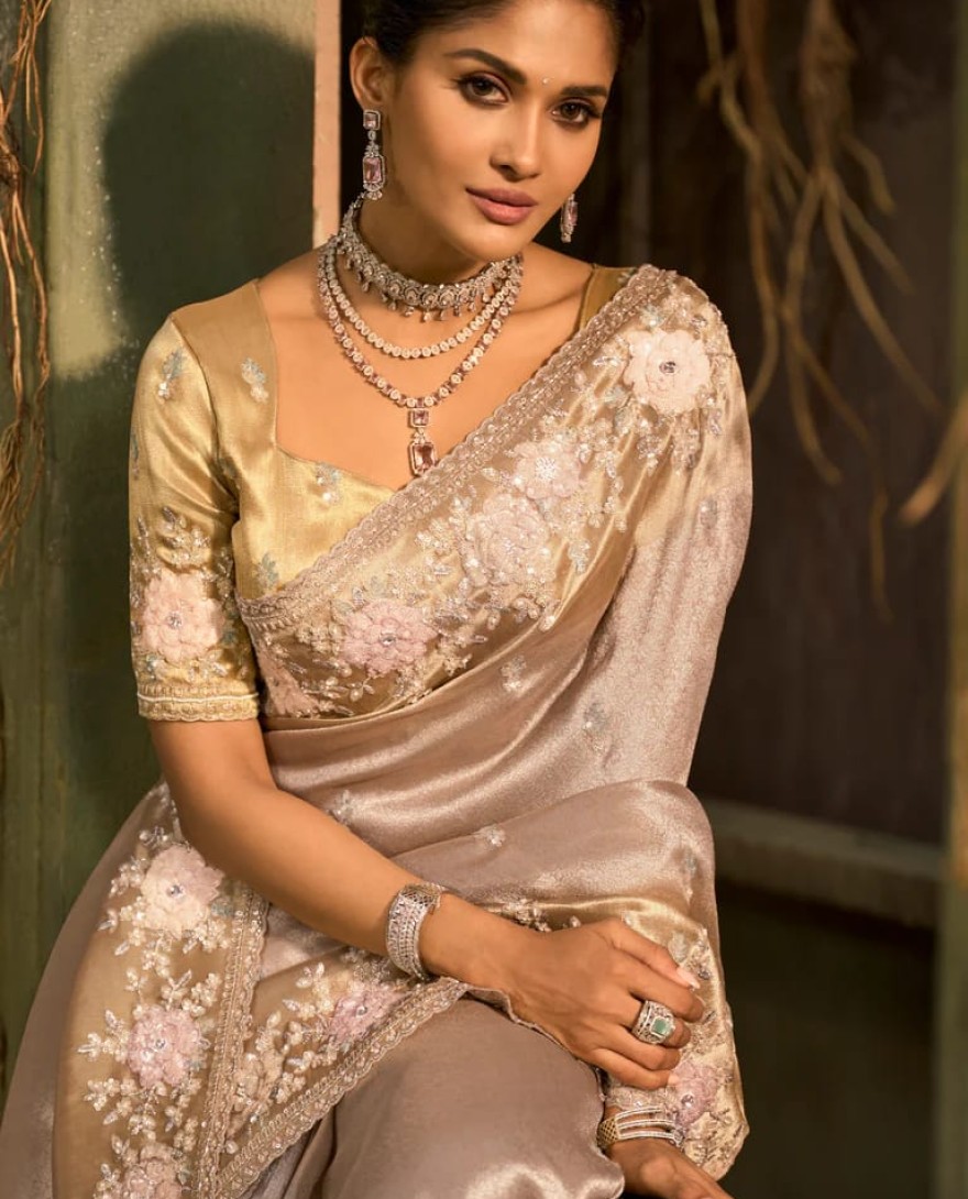 BEIGE - Beige Designer Embroidered Silk Saree with Floral Work Wedding Wear